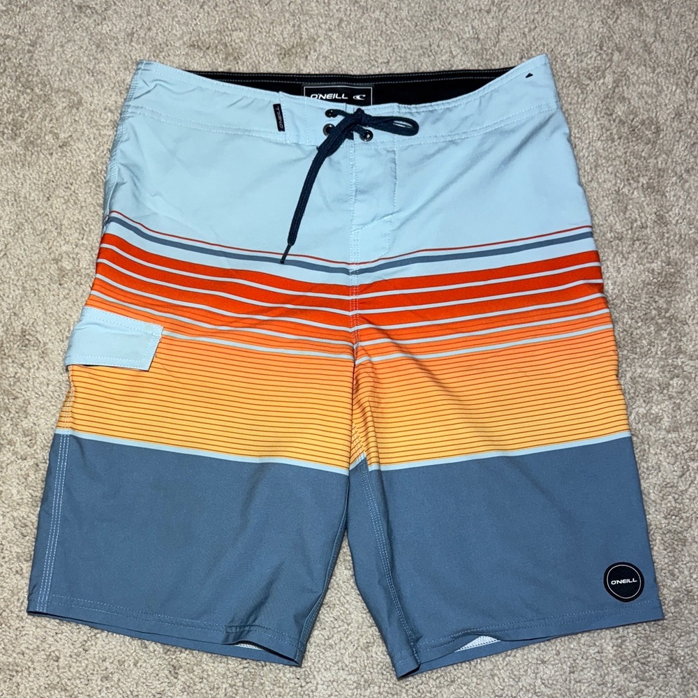 O'Neill Blue and Orange Striped Swim Board Shorts Mens 29